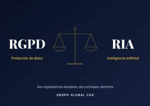 Balanza de la justicia entre el RGPD (protección de datos) y el RIA (Reglamento de Inteligencia Artificial)