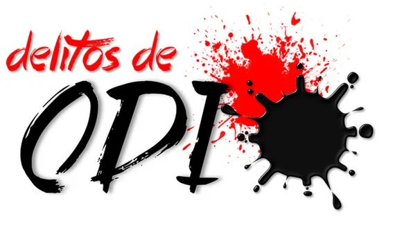 Rótulo «Delitos de odio» en letras rojas y negras; la O final es una mancha de tinta negra con salpicaduras rojas