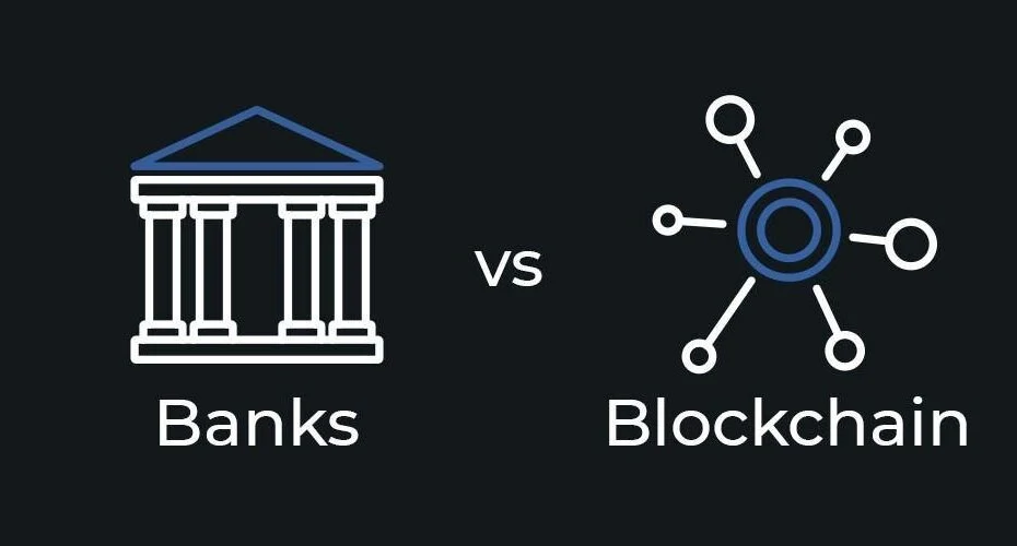 Iconos de un edificio bancario y de una red blockchain enfrentados con el texto «Banks vs Blockchain» sobre fondo oscuro