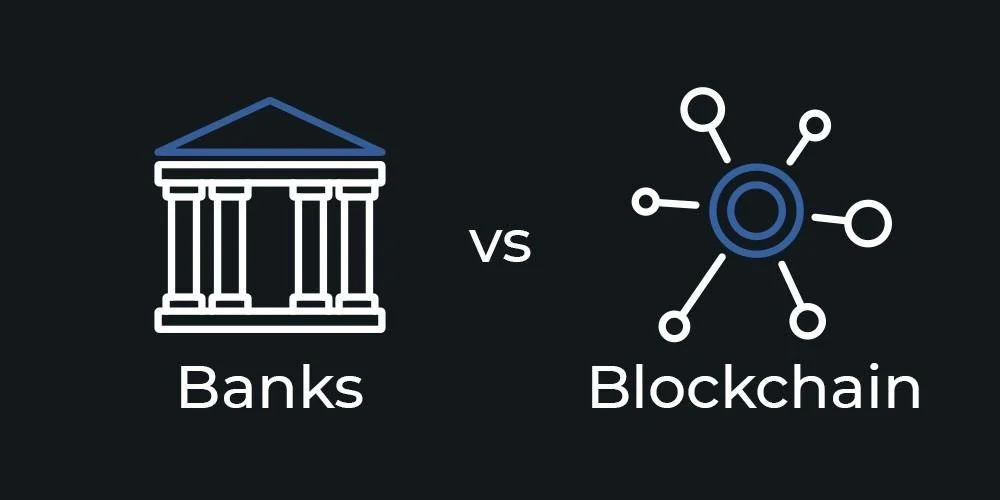 Iconos de un edificio bancario y de una red blockchain enfrentados con el texto «Banks vs Blockchain» sobre fondo oscuro