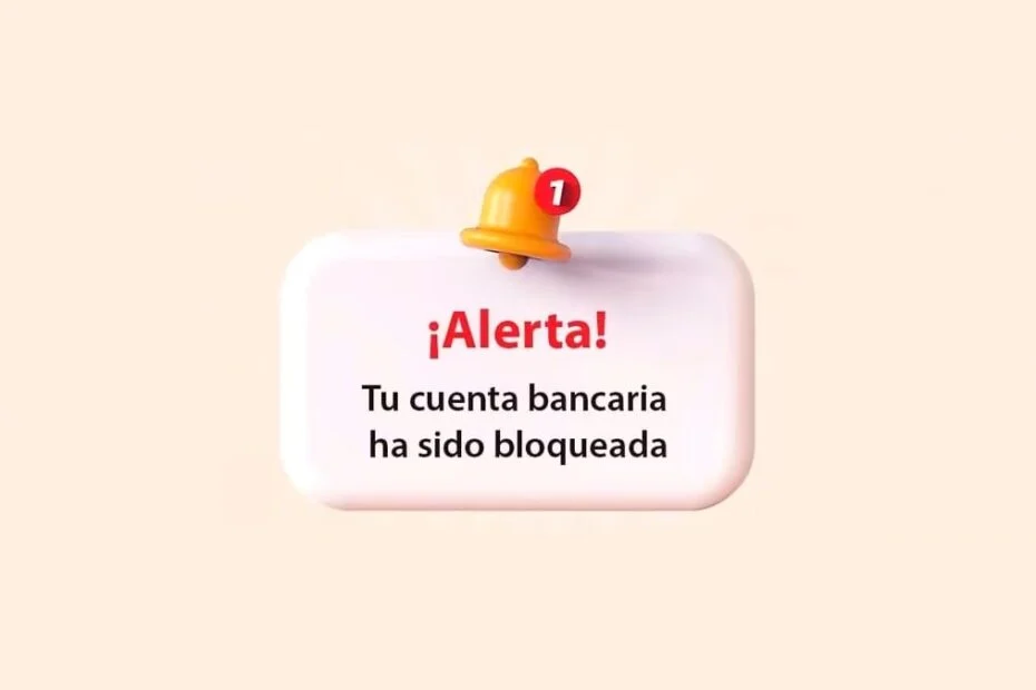 Aviso con una campana de notificación y el texto «¡Alerta! Tu cuenta bancaria ha sido bloqueada» sobre fondo crema