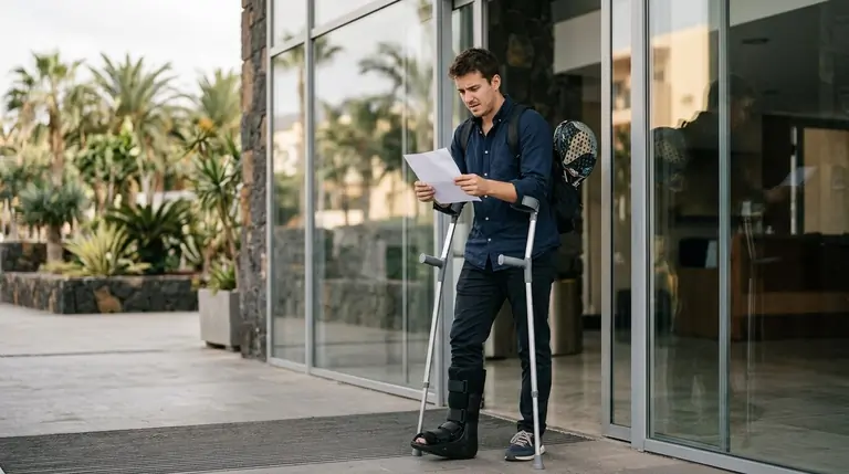 Joven con muletas y tobillera leyendo una carta a la puerta de una oficina
