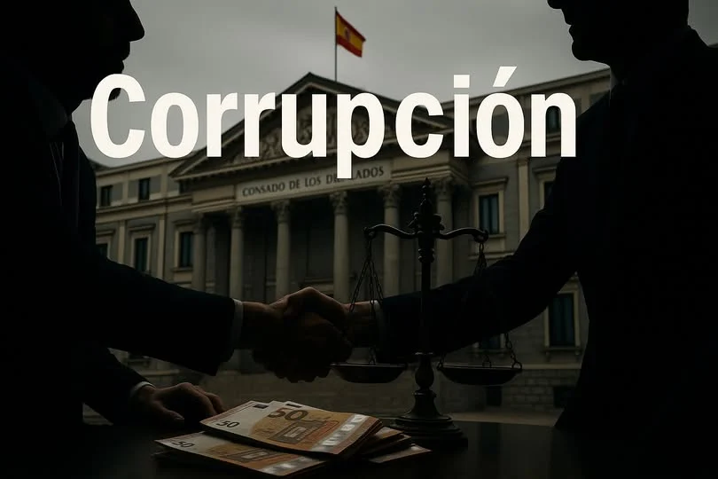 Dos siluetas se dan la mano sobre billetes de 50 euros y una balanza ante el Congreso de los Diputados, bajo el texto «Corrupción»