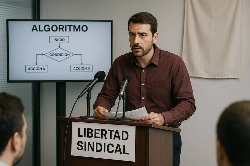 Hombre con papeles hablando en un atril con el cartel «Libertad sindical» junto a una pantalla con un diagrama de algoritmo