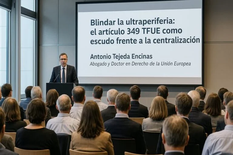 Conferencia ante el público con la diapositiva «Blindar la ultraperiferia: el artículo 349 TFUE», de Antonio Tejeda Encinas