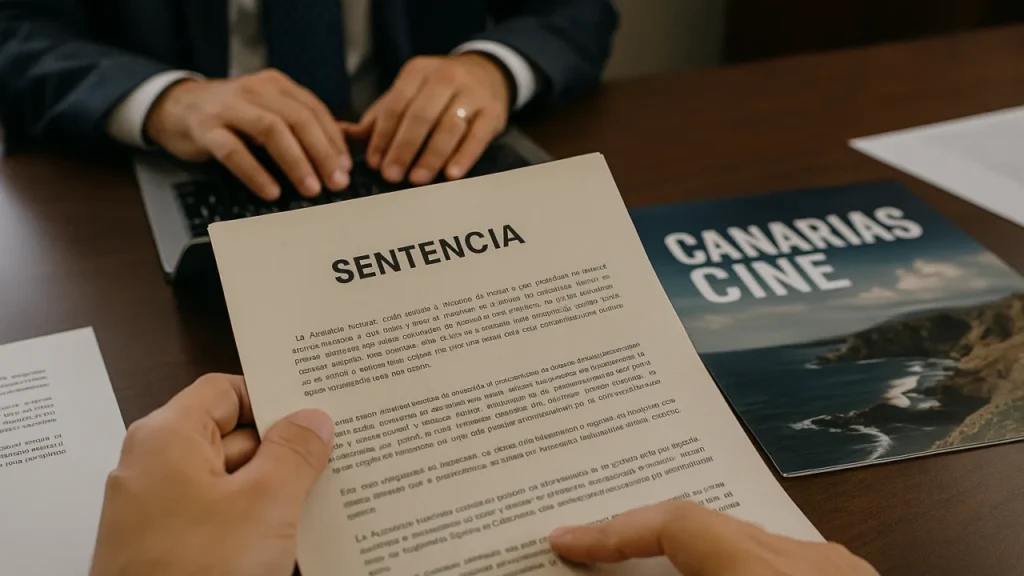 Manos sostienen una sentencia sobre una mesa junto a un portátil y una revista titulada «Canarias Cine»