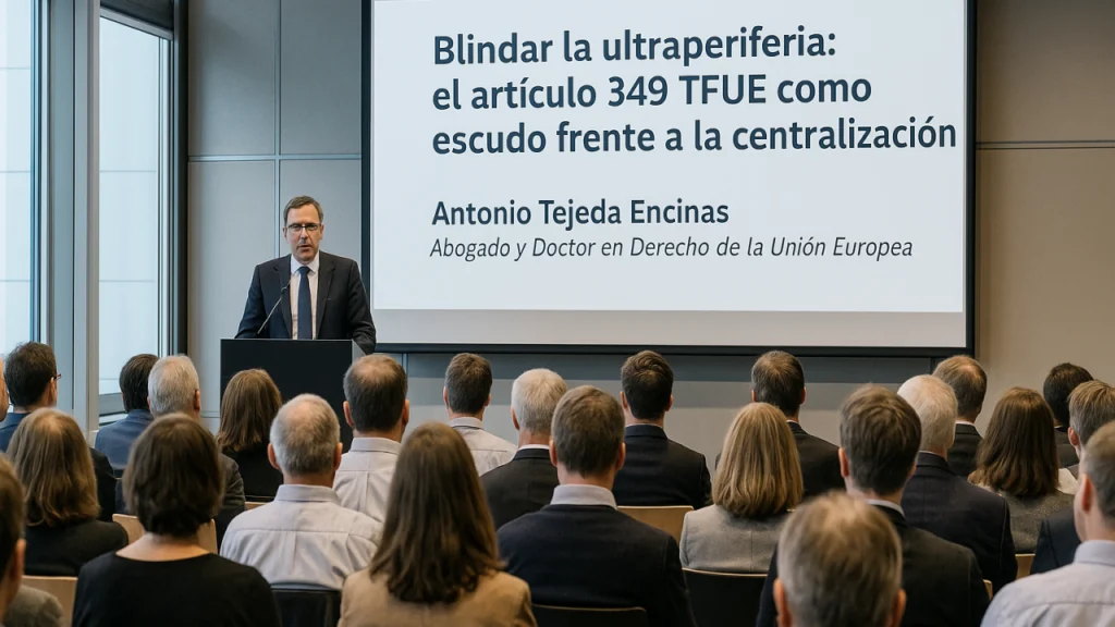Antonio Tejeda Encinas da una conferencia sobre el artículo 349 TFUE y la ultraperiferia ante un auditorio lleno