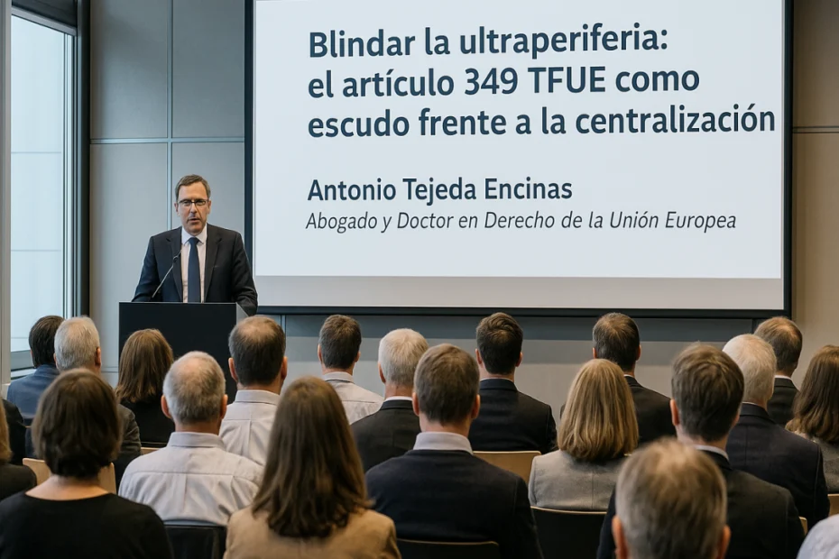 Antonio Tejeda Encinas da una conferencia sobre el artículo 349 TFUE y la ultraperiferia ante un auditorio lleno