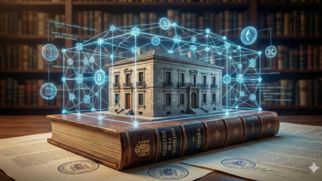 Libro antiguo del Registro de la Propiedad de España con un edificio encima, rodeado de una red blockchain y criptomonedas