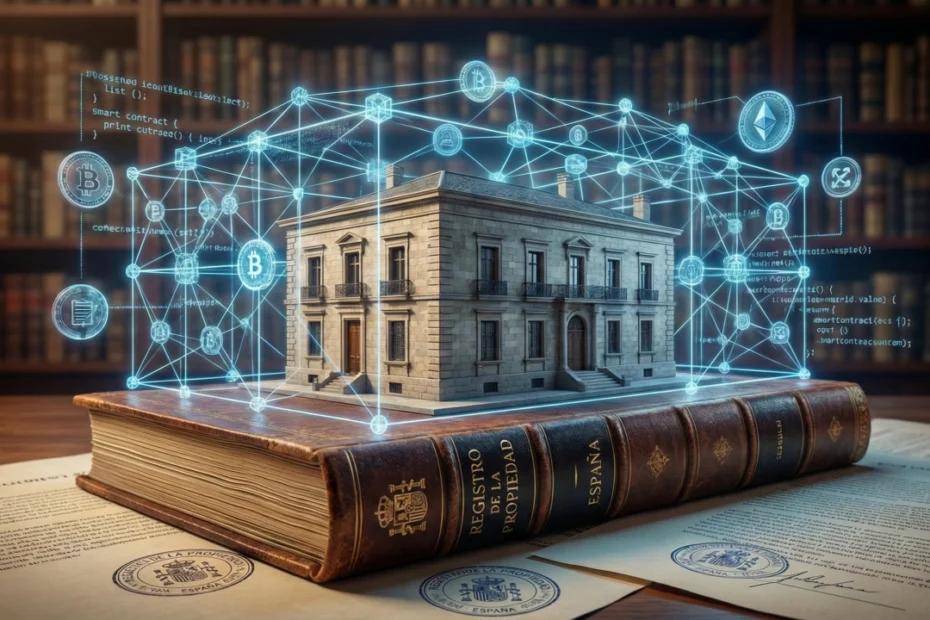 Libro antiguo del Registro de la Propiedad de España con un edificio encima, rodeado de una red blockchain y criptomonedas