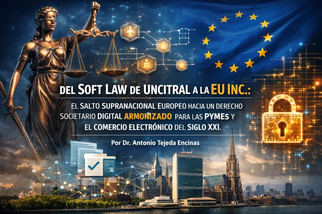 Portada «Del soft law de UNCITRAL a la EU Inc.» con la estatua de la Justicia y la bandera europea, por Antonio Tejeda Encinas
