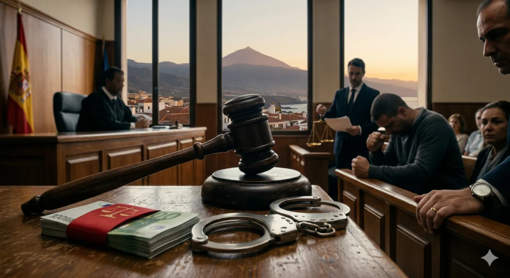 Sala de juicio con mazo, esposas y un fajo de billetes en primer plano y un acusado cabizbajo, con el Teide tras las ventanas