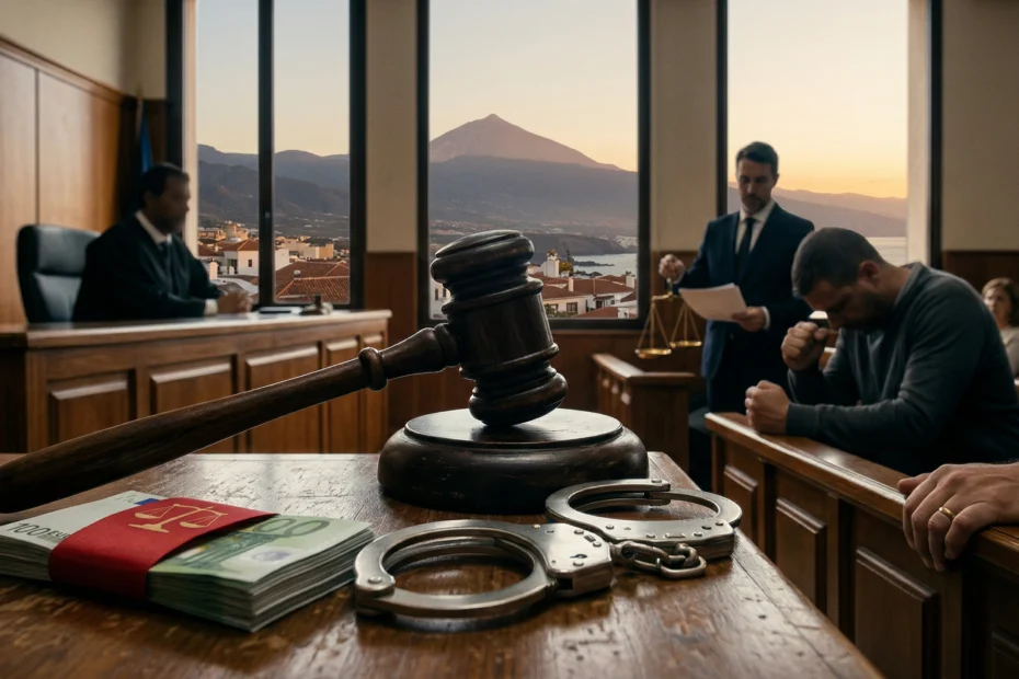 Sala de juicio con mazo, esposas y un fajo de billetes en primer plano y un acusado cabizbajo, con el Teide tras las ventanas