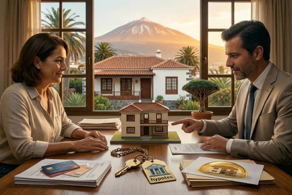 Un asesor muestra a una clienta una maqueta de vivienda y unas llaves con la etiqueta de hipoteca, con el Teide al fondo
