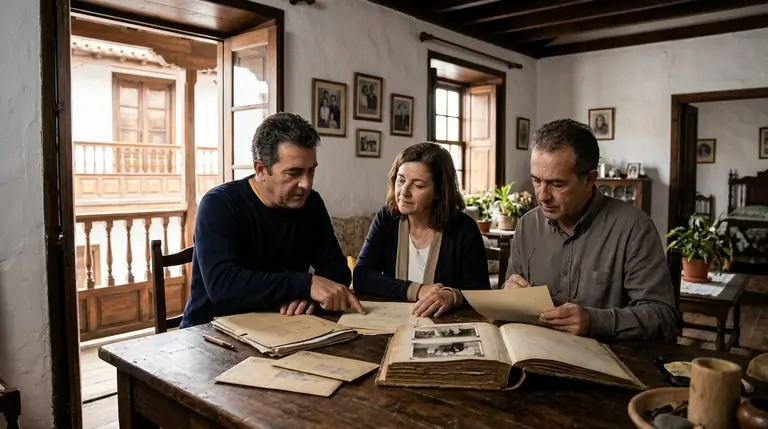 Familia revisando documentos de una herencia en una casa tradicional canaria