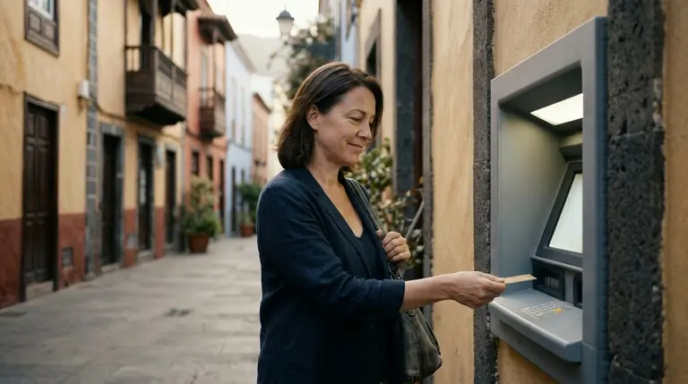 Mujer retirando dinero en un cajero automático de una calle de Tenerife con gesto aliviado