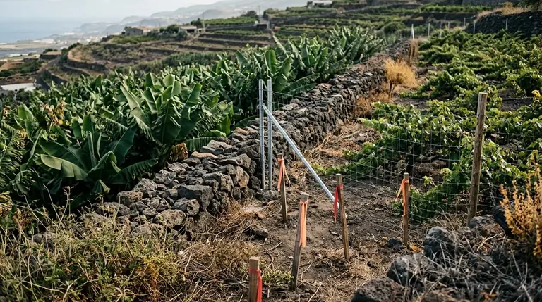 Muro de piedra entre dos fincas en bancales del norte de Tenerife con una valla nueva que lo invade
