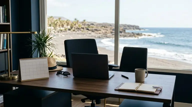Mesa de oficina vacía con gafas de sol y sombrero frente a una playa de Tenerife