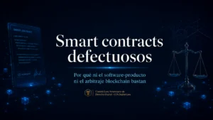 Portada «Smart contracts defectuosos: por qué ni el software-producto ni el arbitraje blockchain bastan» con una balanza