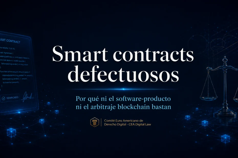 Portada «Smart contracts defectuosos: por qué ni el software-producto ni el arbitraje blockchain bastan» con una balanza