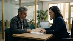 Cliente abriendo una cuenta bancaria con una empleada en la mesa de una sucursal