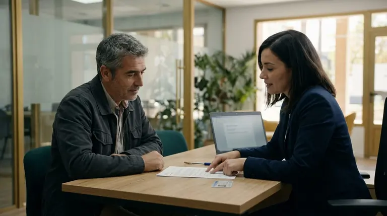 Cliente abriendo una cuenta bancaria con una empleada en la mesa de una sucursal