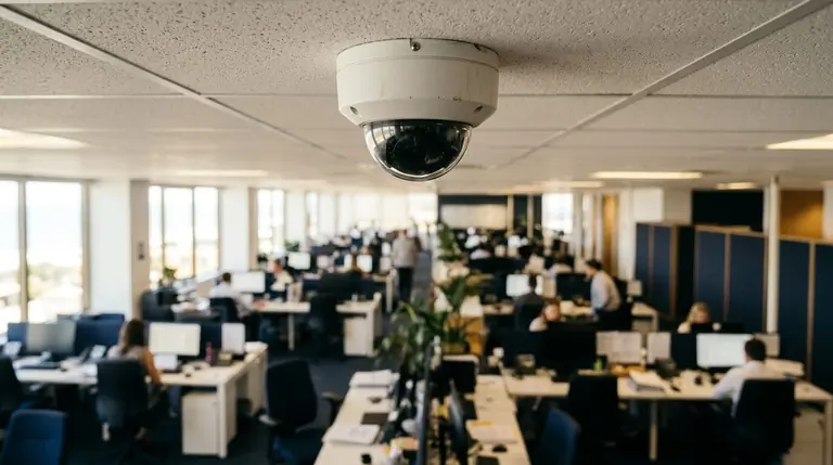 Cámara de techo en una oficina con trabajadores desenfocados al fondo