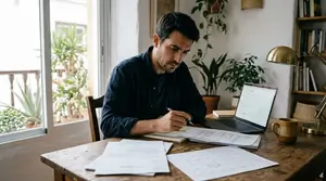 Persona preparando el recurso a una multa con la notificación, un calendario y el portátil