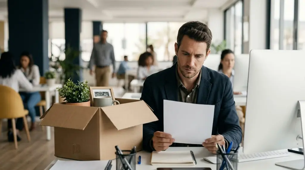 Trabajador leyendo una carta de despido junto a una caja con sus objetos personales