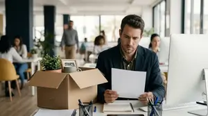 Trabajador leyendo una carta de despido junto a una caja con sus objetos personales