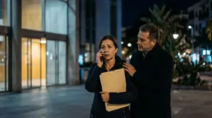 Mujer preocupada hablando por teléfono de noche a la puerta de un edificio público