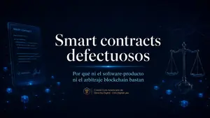 Portada «Smart contracts defectuosos: por qué ni el software-producto ni el arbitraje blockchain bastan» con una balanza
